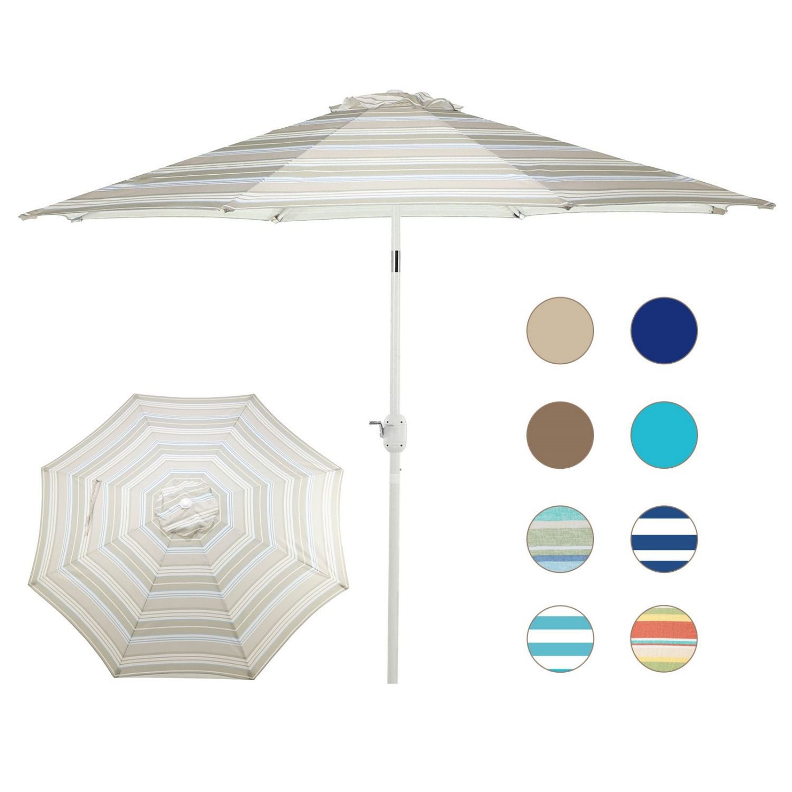 9FT Outdoor Patio Market Umbrella Aluminum Frame with Push Button Tilt Crank and 8 Steel Ribs, UV Protection  Aoodor  Khaki and Blue  